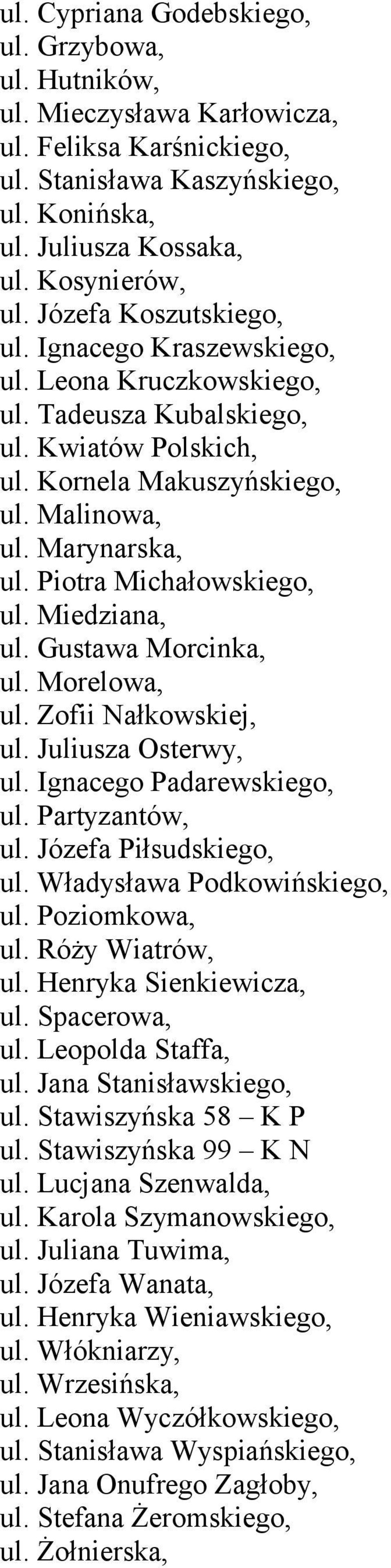 Piotra Michałowskiego, ul. Miedziana, ul. Gustawa Morcinka, ul. Morelowa, ul. Zofii Nałkowskiej, ul. Juliusza Osterwy, ul. Ignacego Padarewskiego, ul. Partyzantów, ul. Józefa Piłsudskiego, ul.