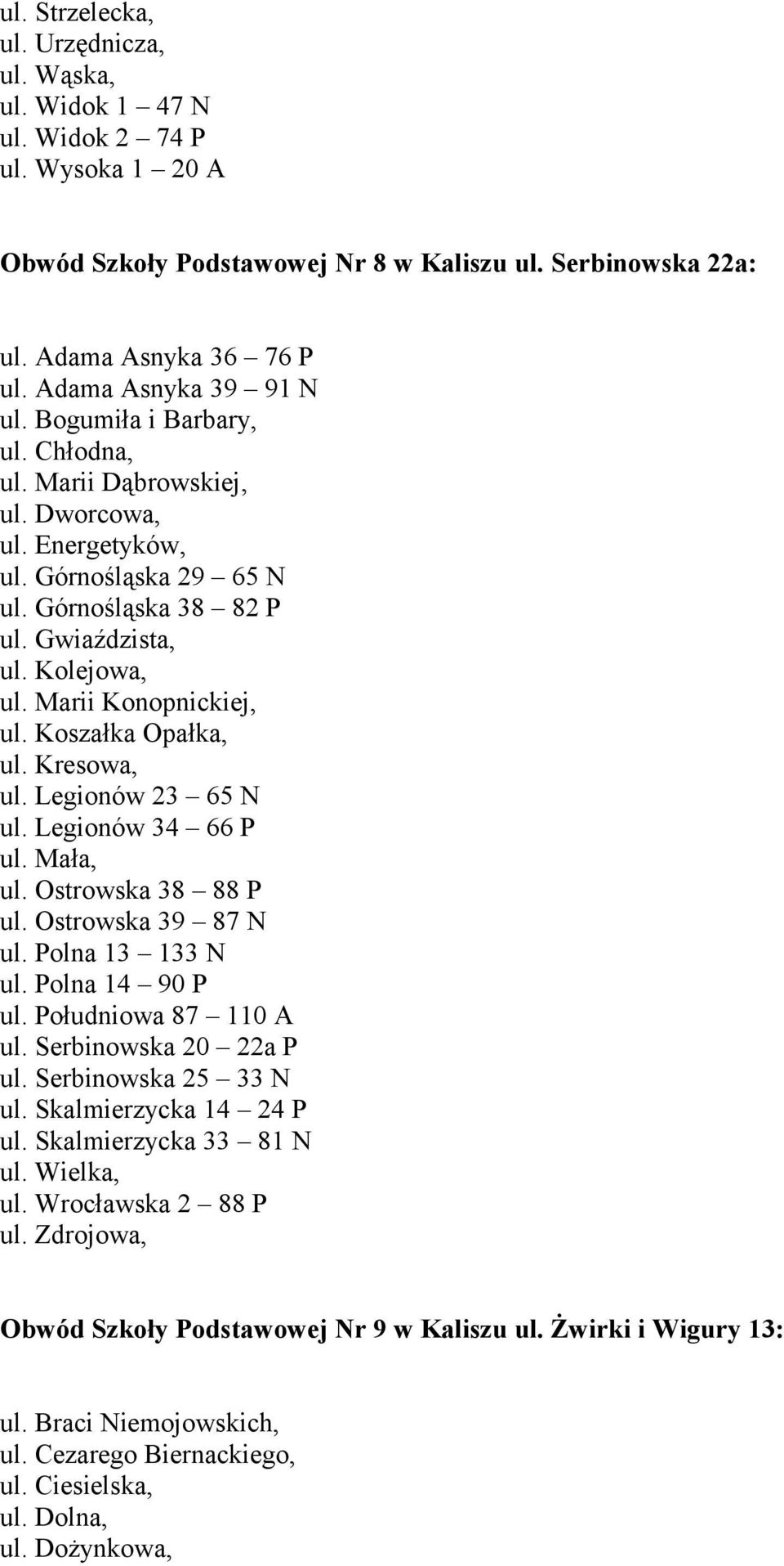 Marii Konopnickiej, ul. Koszałka Opałka, ul. Kresowa, ul. Legionów 23 65 N ul. Legionów 34 66 P ul. Mała, ul. Ostrowska 38 88 P ul. Ostrowska 39 87 N ul. Polna 13 133 N ul. Polna 14 90 P ul.