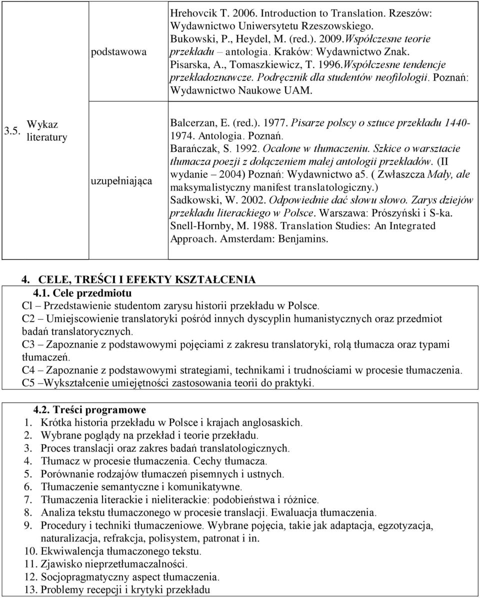 Wykaz literatury uzupełniająca Balcerzan, E. (red.). 1977. Pisarze polscy o sztuce przekładu 1440-1974. Antologia. Poznań. Barańczak, S. 1992. Ocalone w tłumaczeniu.