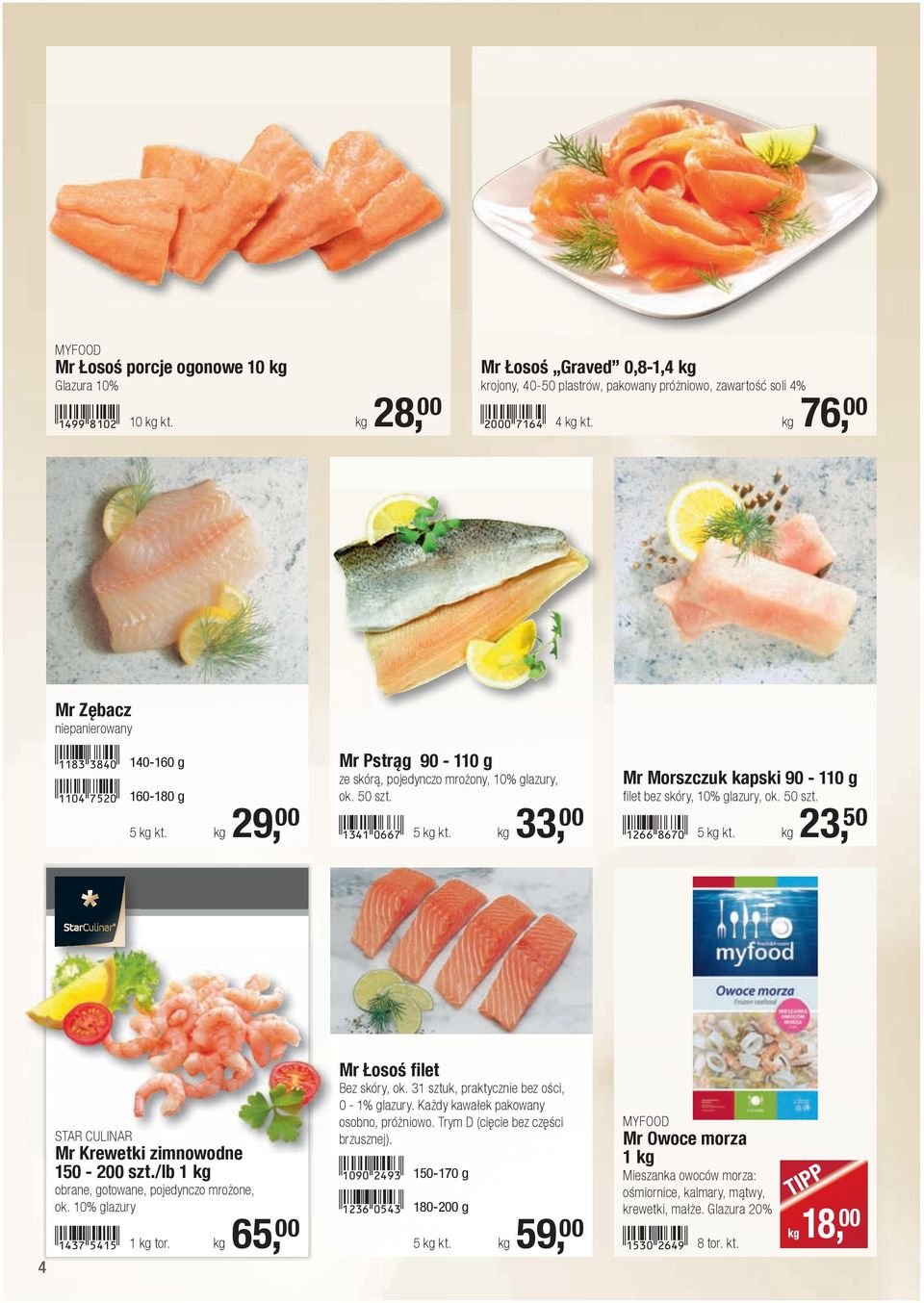 50 szt.!1266-igha! 5 kg kt. kg 23, 50 4 Mr Krewetki zimnowodne 150-200 szt./lb 1 kg obrane, gotowane, pojedynczo mrożone, ok. 10% glazury!1437-febf! 1 kg tor. kg 65, 00 Mr Łosoś filet Bez skóry, ok.