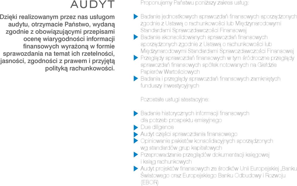 Proponujemy Państwu poniższy zakres usług: Badanie jednostkowych sprawozdań finansowych sporządzonych zgodnie z Ustawą o rachunkowości lub Międzynarodowymi Standardami Sprawozdawczości Finansowej