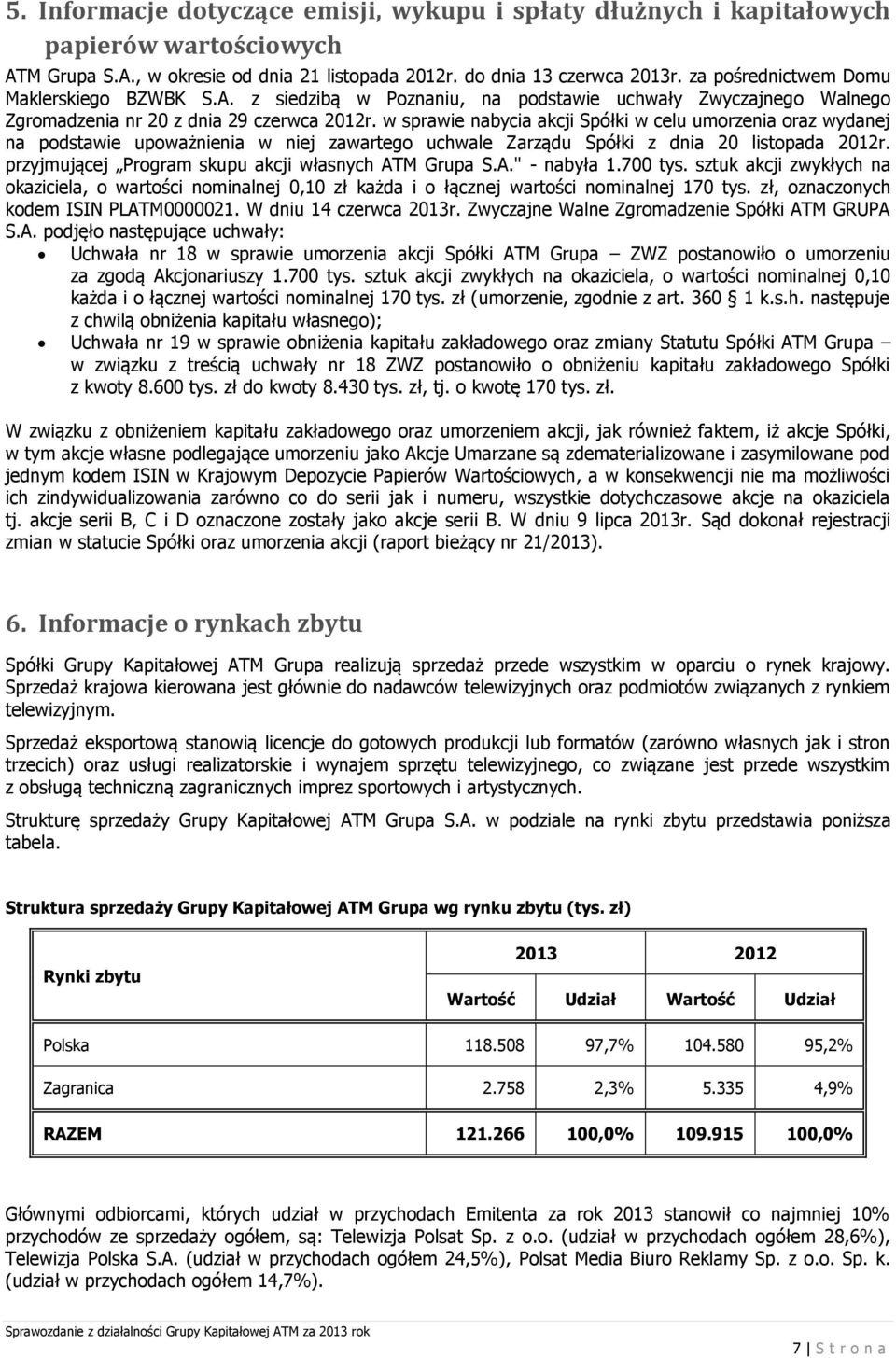 w sprawie nabycia akcji Spółki w celu umorzenia oraz wydanej na podstawie upoważnienia w niej zawartego uchwale Zarządu Spółki z dnia 20 listopada 2012r.