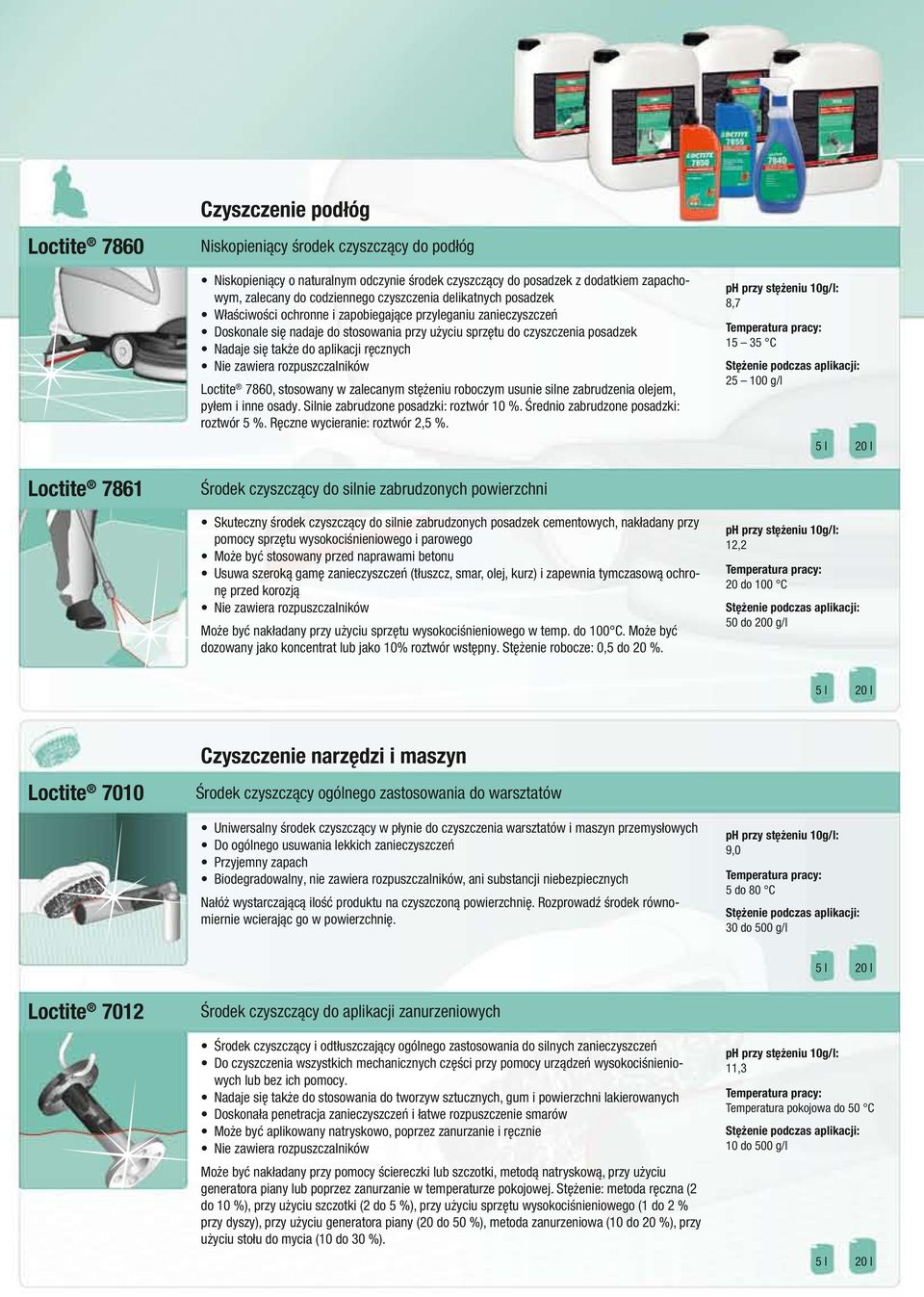 ręcznych Loctite 7860, stosowany w zalecanym stężeniu roboczym usunie silne zabrudzenia olejem, pyłem i inne osady. Silnie zabrudzone posadzki: roztwór 10 %. Średnio zabrudzone posadzki: roztwór 5 %.