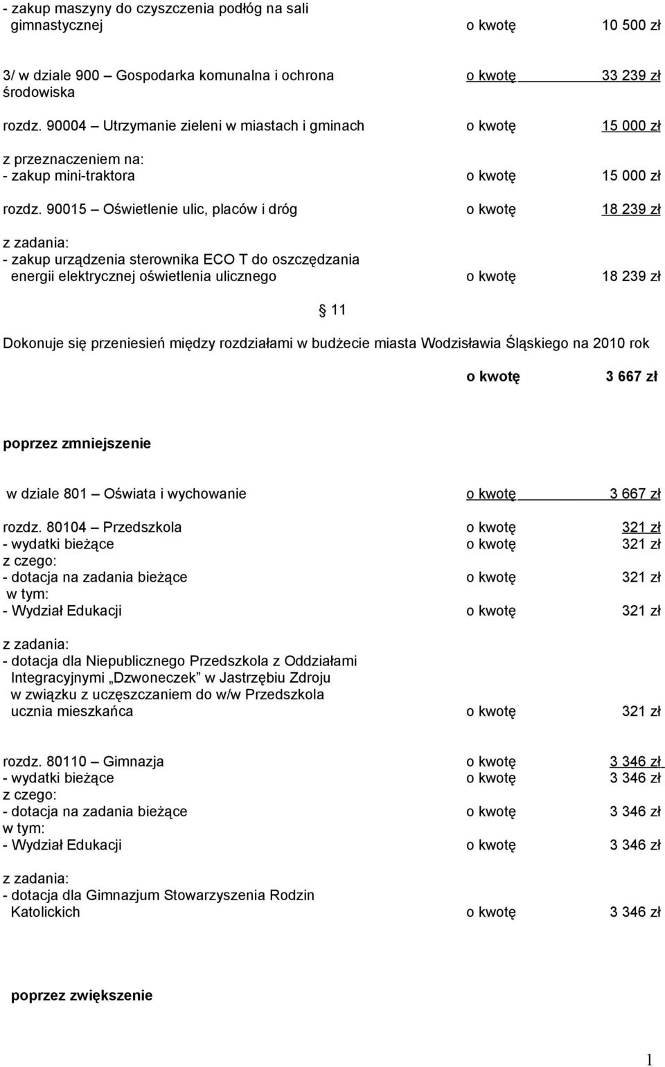 9005 Oświetlenie ulic, placów i dróg o kwotę 8 239 zł - zakup urządzenia sterownika ECO T do oszczędzania energii elektrycznej oświetlenia ulicznego o kwotę 8 239 zł Dokonuje się przeniesień między