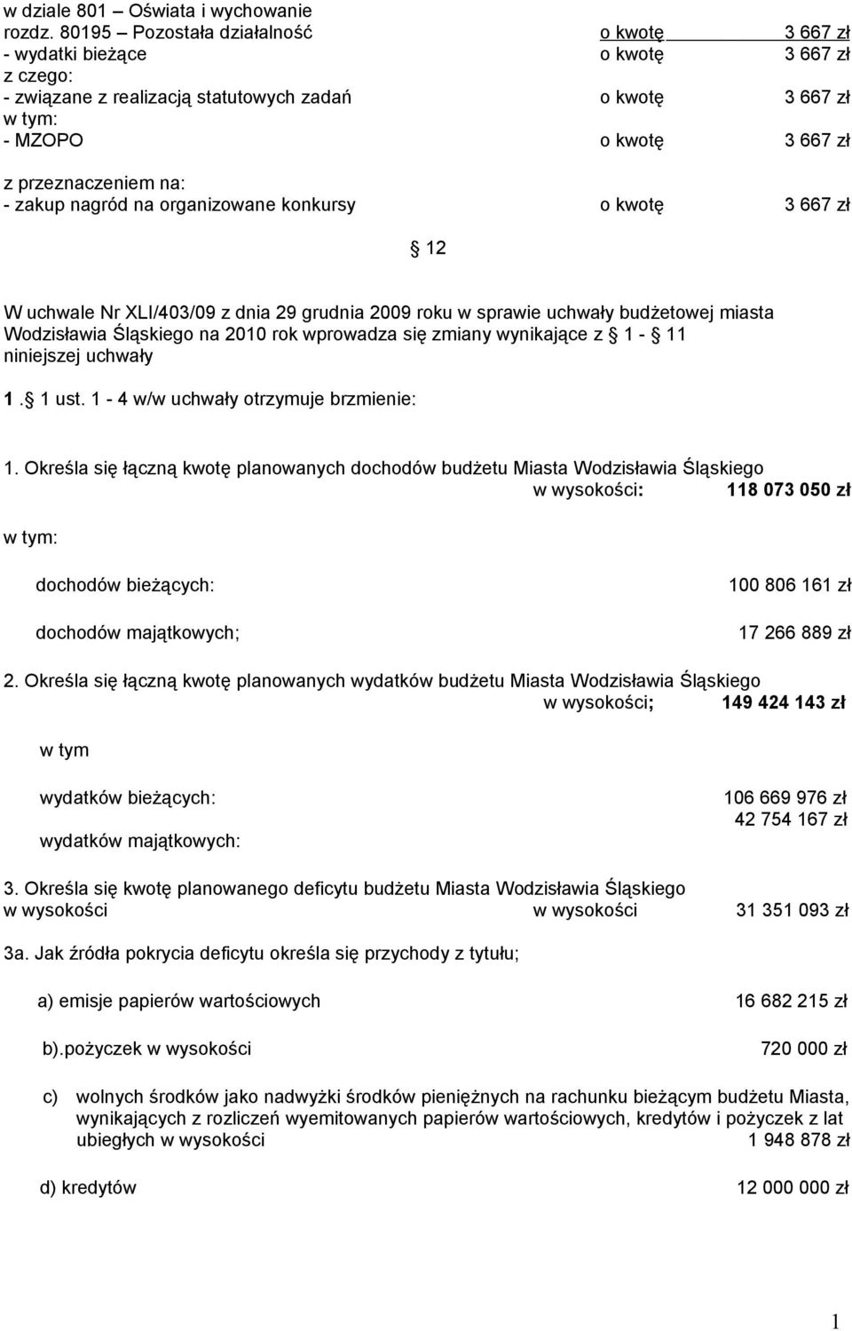 konkursy o kwotę 3 667 zł 2 W uchwale Nr XLI/403/09 z dnia 29 grudnia 2009 roku w sprawie uchwały budżetowej miasta Wodzisławia Śląskiego na 200 rok wprowadza się zmiany wynikające z - niniejszej