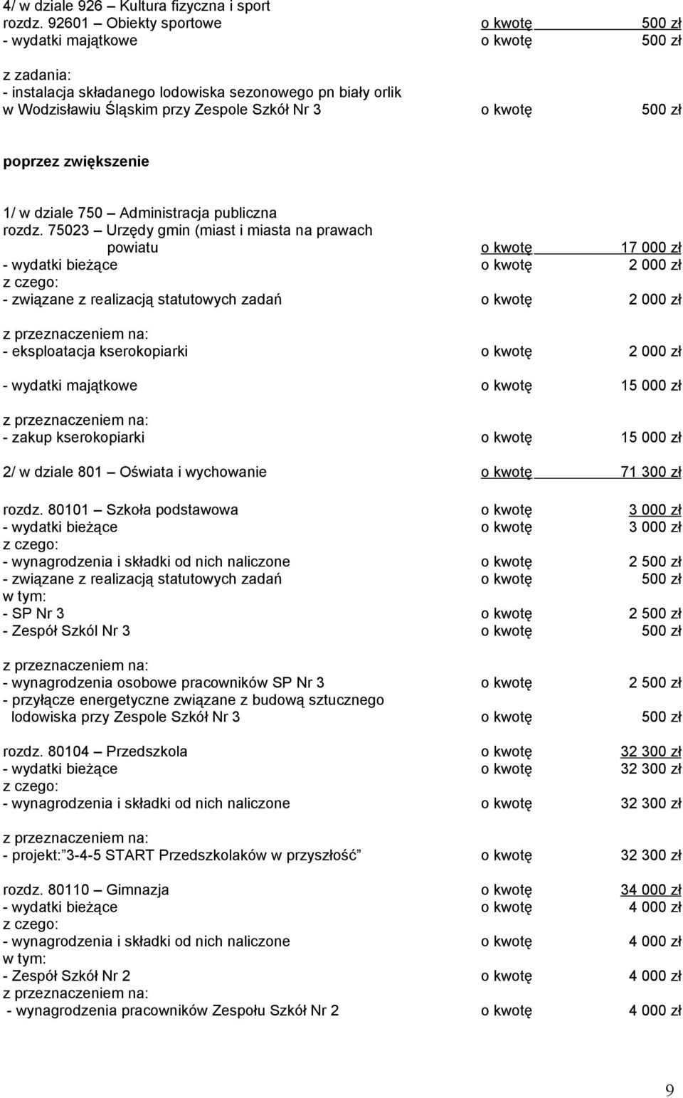 poprzez zwiększenie / w dziale 750 Administracja publiczna rozdz.