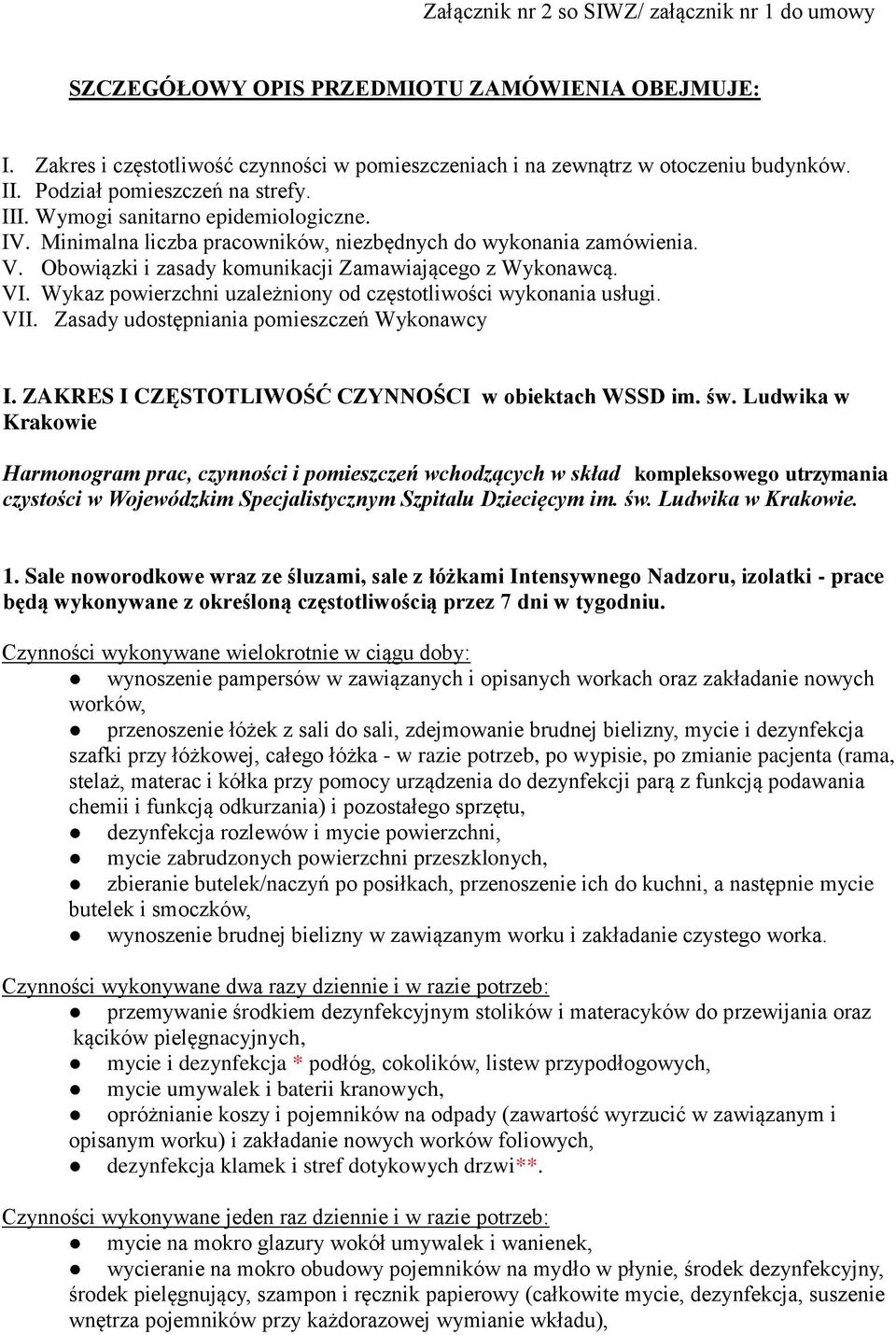 Obowiązki i zasady komunikacji Zamawiającego z Wykonawcą. VI. Wykaz powierzchni uzależniony od częstotliwości wykonania usługi. VII. Zasady udostępniania pomieszczeń Wykonawcy I.