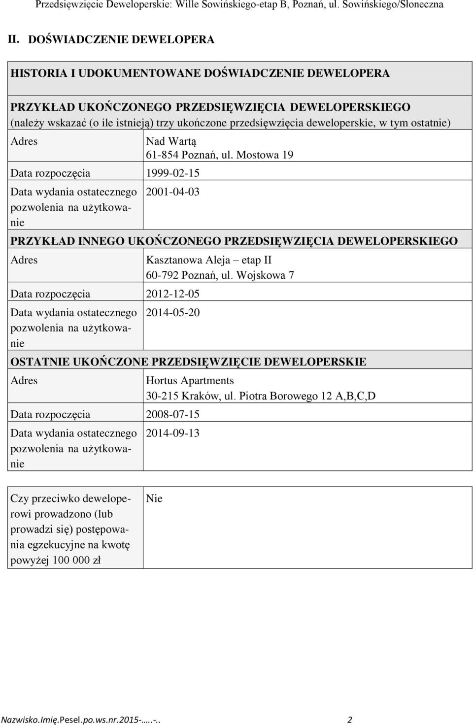 Mostowa 19 2001-04-03 PRZYKŁAD INNEGO UKOŃCZONEGO PRZEDSIĘWZIĘCIA DEWELOPERSKIEGO Adres Data rozpoczęcia 2012-12-05 Data wydania ostatecznego pozwolenia na użytkowanie Kasztanowa Aleja etap II 60-792