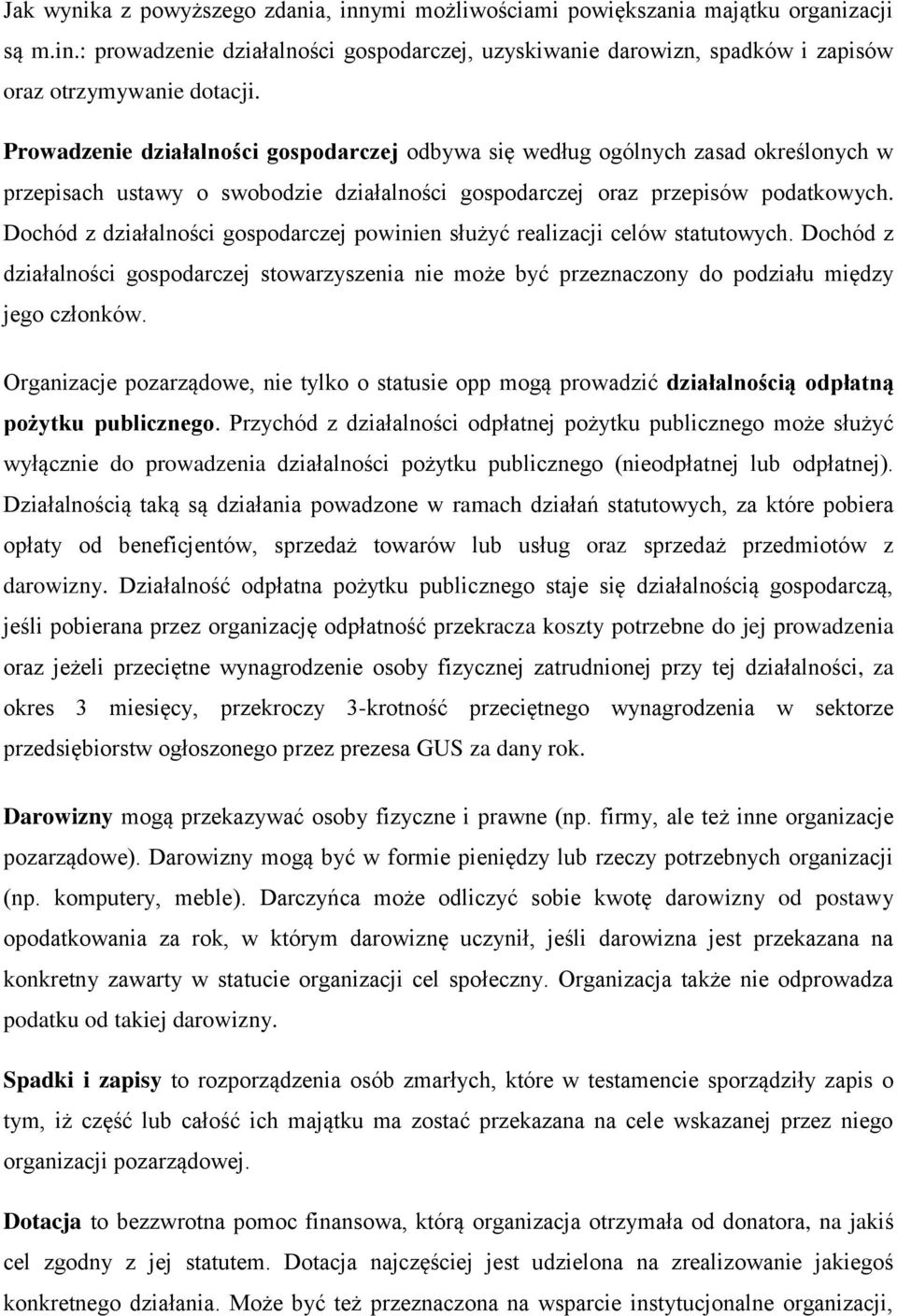 Dochód z działalności gospodarczej powinien służyć realizacji celów statutowych. Dochód z działalności gospodarczej stowarzyszenia nie może być przeznaczony do podziału między jego członków.