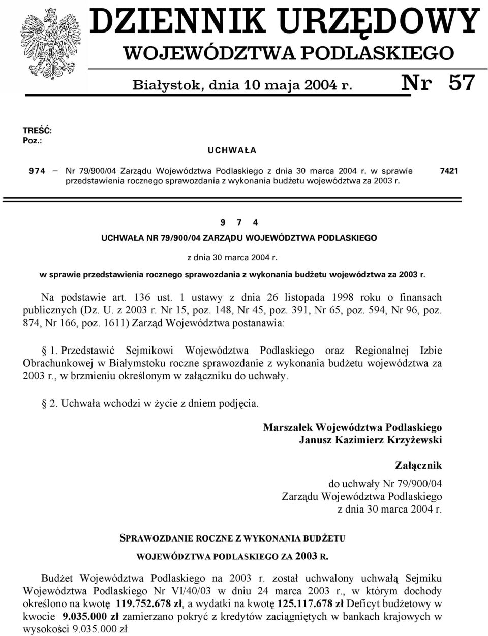 w sprawie przedstawienia rocznego sprawozdania z wykonania budżetu województwa za 2003 r. Na podstawie art. 136 ust. 1 ustawy z dnia 26 listopada 1998 roku o finansach publicznych (Dz. U. z 2003 r.