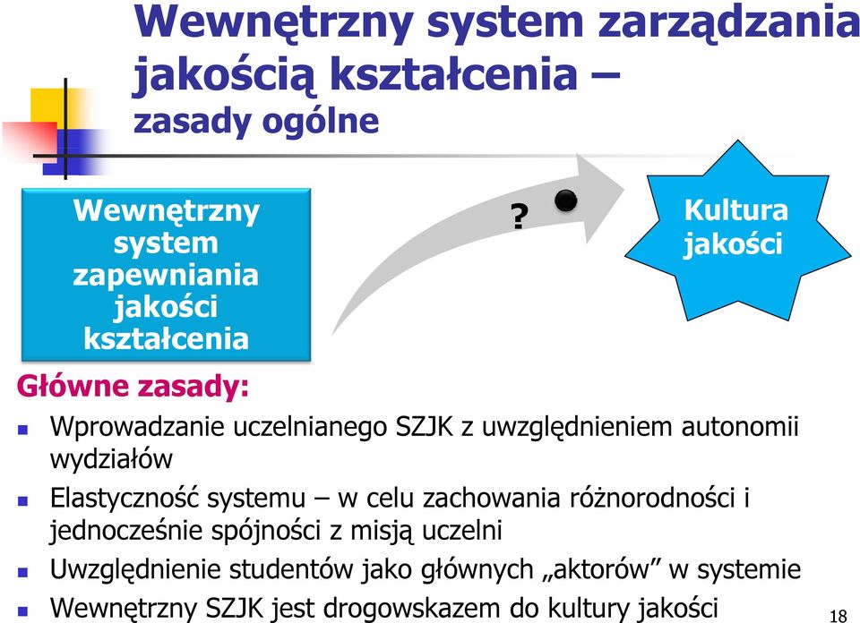 Kultura jakościś Wprowadzanie uczelnianego SZJK z uwzględnieniem autonomii wydziałów Elastyczność systemu