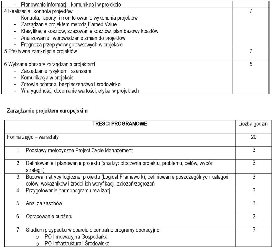 Wybrane obszary zarządzania projektami - Zarządzanie ryzykiem i szansami - Komunikacja w projekcie - Zdrowie ochrona, bezpieczeństwo i środowisko - Wiarygodność, docenianie wartości, etyka w