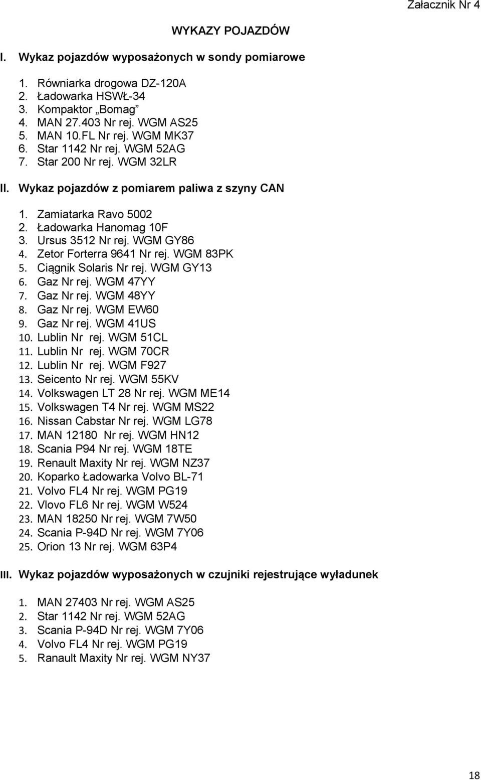 Zetor Forterra 9641 Nr rej. WGM 83PK 5. Ciągnik Solaris Nr rej. WGM GY13 6. Gaz Nr rej. WGM 47YY 7. Gaz Nr rej. WGM 48YY 8. Gaz Nr rej. WGM EW60 9. Gaz Nr rej. WGM 41US 10. Lublin Nr rej. WGM 51CL 11.