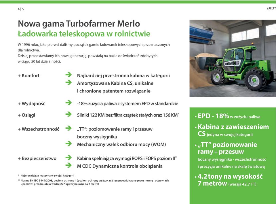 + Komfort è Najbardziej rzestronna kabina w kategorii è mortyzowana Kabina CS, unikalne i chronione atentem rozwiązanie + Wydajność è 8% zużycia aliwa z systemem ED w standardzie + Osiągi è Silniki
