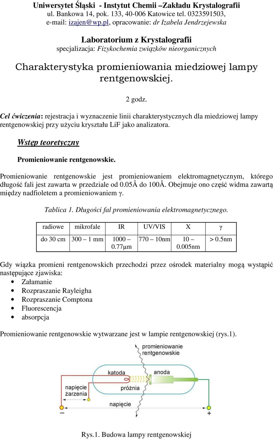 Cel ćwiczenia: rejestracja i wyznaczenie linii charakterystycznych dla miedziowej lampy rentgenowskiej przy użyciu kryształu LiF jako analizatora. Wstęp teoretyczny Promieniowanie rentgenowskie.