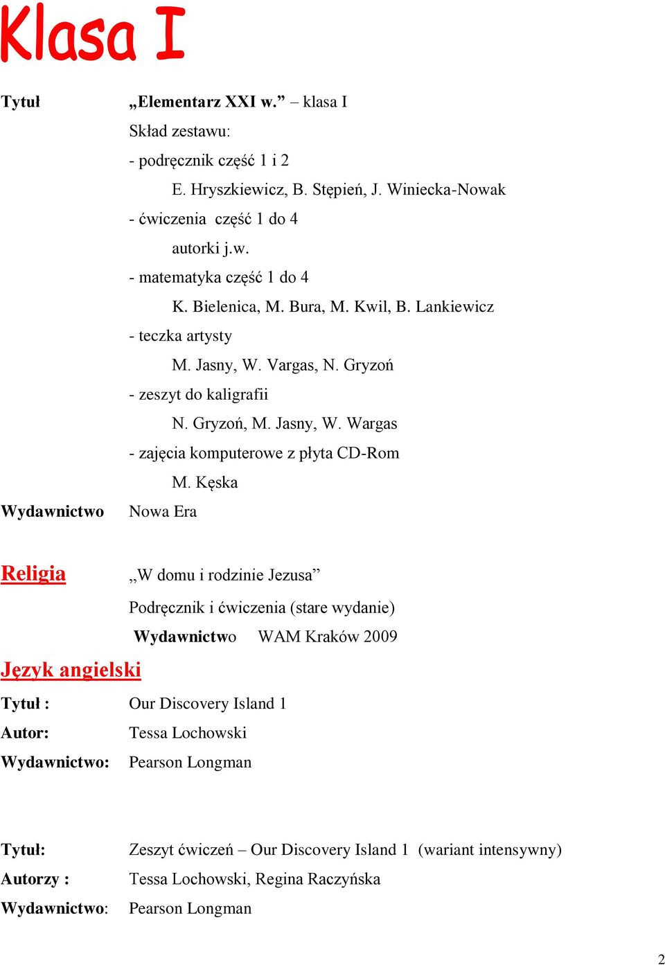 Kęska W domu i rodzinie Jezusa Podręcznik i ćwiczenia (stare wydanie) WAM Kraków 2009 : Our Discovery Island 1 : Tessa Lochowski : Pearson Longman : zy : :