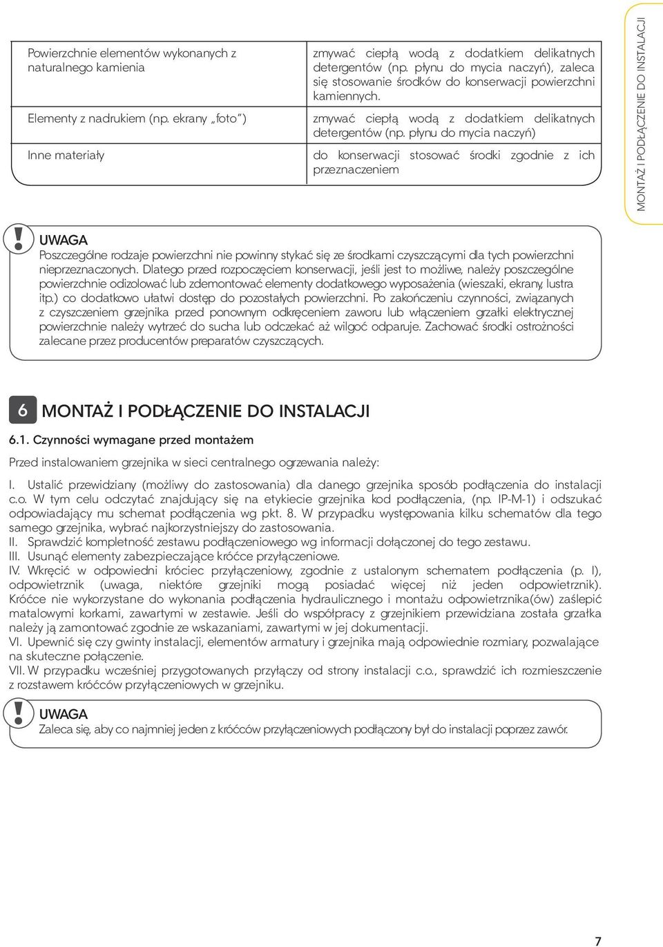 płynu do mycia naczyń) do konserwacji stosować środki zgodnie z ich przeznaczeniem MONTAŻ I PODŁĄCZENIE DO INSTALACJI UWAGA Poszczególne rodzaje powierzchni nie powinny stykać się ze środkami