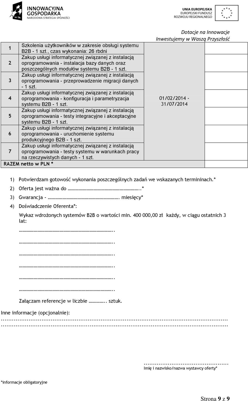 5 oprogramowania - testy integracyjne i akceptacyjne systemu B2B - 1 szt. 6 oprogramowania - uruchomienie systemu produkcyjnego B2B - 1 szt.