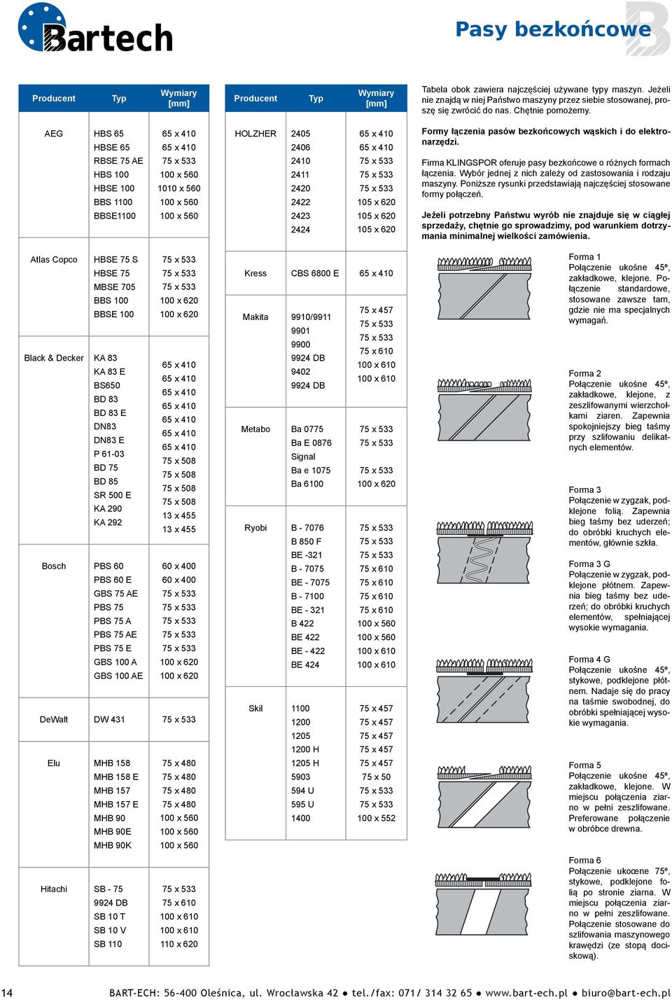 AEG HBS 65 HBSE 65 RBSE 75 AE HBS 100 HBSE 100 BBS 1100 BBSE1100 100 x 560 1010 x 560 100 x 560 100 x 560 HOLZHER 2405 2406 2410 2411 24 2422 2423 2424 105 x 6 105 x 6 105 x 6 Formy łączenia pasów