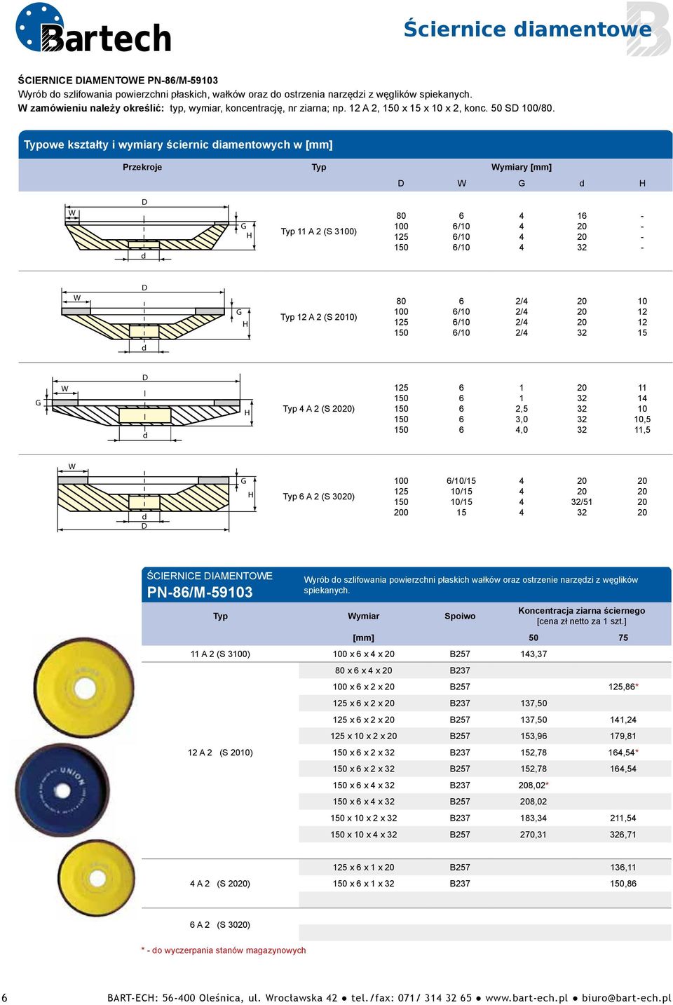 Typowe kształty i wymiary ściernic diamentowych w [mm] Przekroje Typ Wymiary [mm] D W G d H W D d G H Typ 11 A 2 (S 3100) 80 100 125 150 6 6/10 6/10 6/10 4 4 4 4 16 32 - - - - W D G H Typ 12 A 2 (S