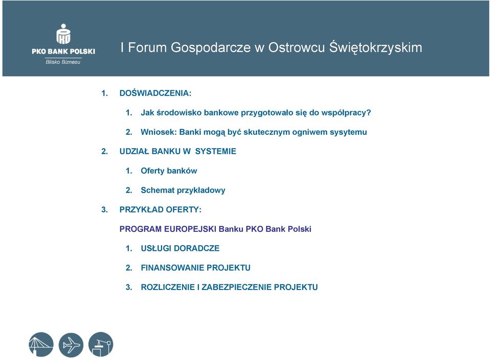 Wniosek: Banki mogą być skutecznym ogniwem sysytemu 2. UDZIAŁ BANKU W SYSTEMIE 1. Oferty banków 2.