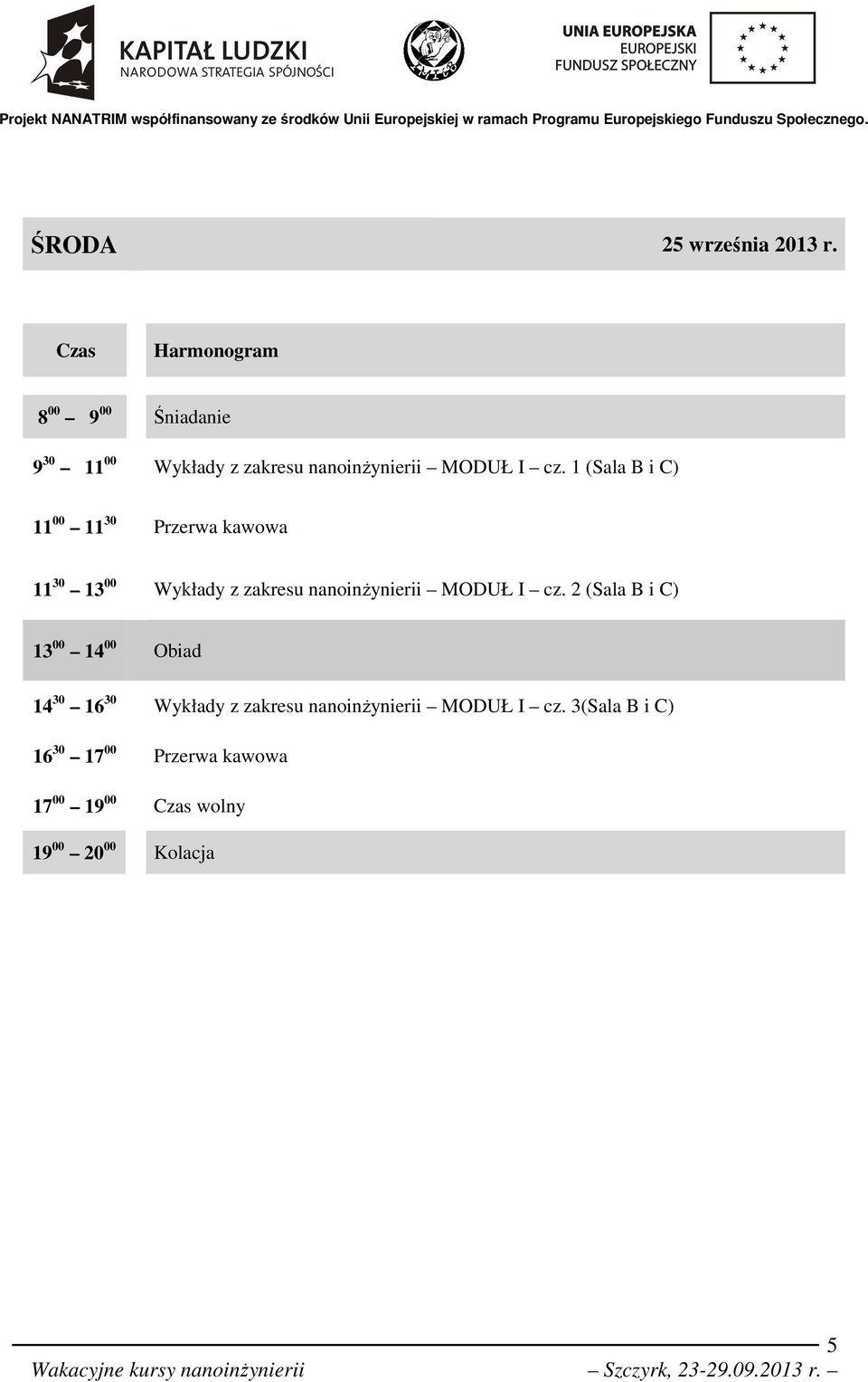 1 (Sala B i C) 11 00 11 30 11 30 13 00 Wykłady z zakresu nanoinżynierii MODUŁ I cz.