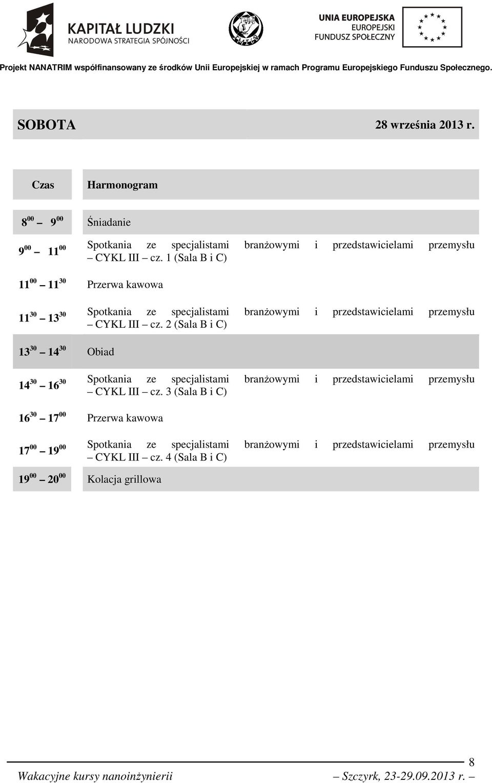 2 (Sala B i C) 13 30 14 30 Obiad 14 30 16 30 Spotkania ze specjalistami branżowymi i przedstawicielami przemysłu CYKL III cz.