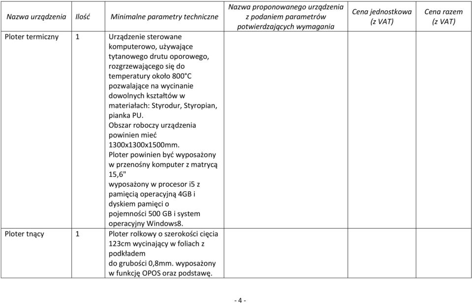 Ploter powinien być wyposażony w przenośny komputer z matrycą 15,6" wyposażony w procesor i5 z pamięcią operacyjną 4GB i dyskiem pamięci o pojemności 500 GB
