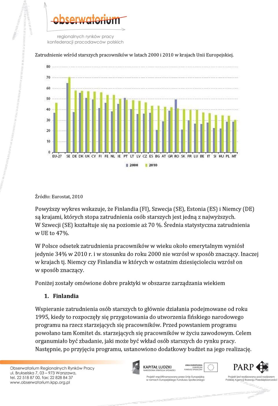 W Szwecji (SE) kształtuje się na poziomie aż 70 %. Średnia statystyczna zatrudnienia w UE to 47%. W Polsce odsetek zatrudnienia pracowników w wieku około emerytalnym wyniósł jedynie 34% w 2010 r.