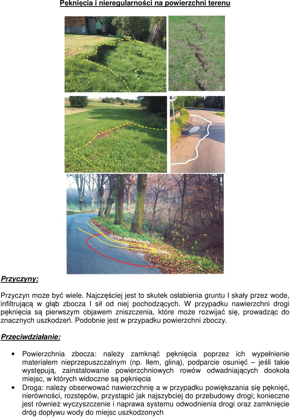 W przypadku nawierzchni drogi pęknięcia są pierwszym objawem zniszczenia, które może rozwijać się, prowadząc do znacznych uszkodzeń. Podobnie jest w przypadku powierzchni zboczy.