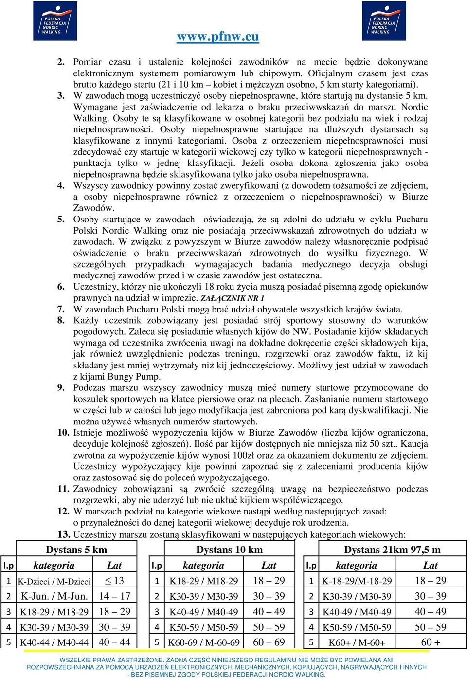 W zawodach mogą uczestniczyć osoby niepełnosprawne, które startują na dystansie 5 km. Wymagane jest zaświadczenie od lekarza o braku przeciwwskazań do marszu Nordic Walking.