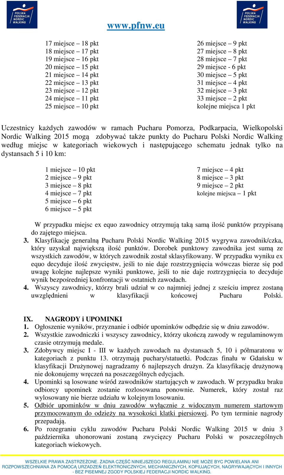 Wielkopolski Nordic Walking 2015 mogą zdobywać także punkty do Pucharu Polski Nordic Walking według miejsc w kategoriach wiekowych i następującego schematu jednak tylko na dystansach 5 i 10 km: 1