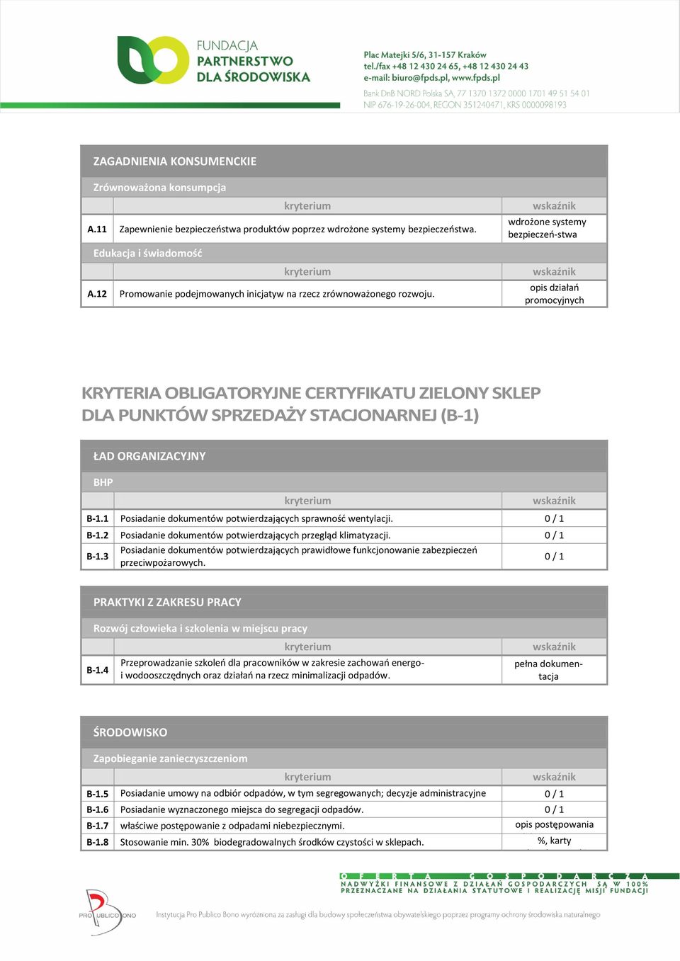 wdrożone systemy bezpieczeń-stwa produktów działań promocyjnych KRYTERIA OBLIGATORYJNE CERTYFIKATU ZIELONY SKLEP DLA PUNKTÓW SPRZEDAŻY STACJONARNEJ (B-1) BHP B-1.