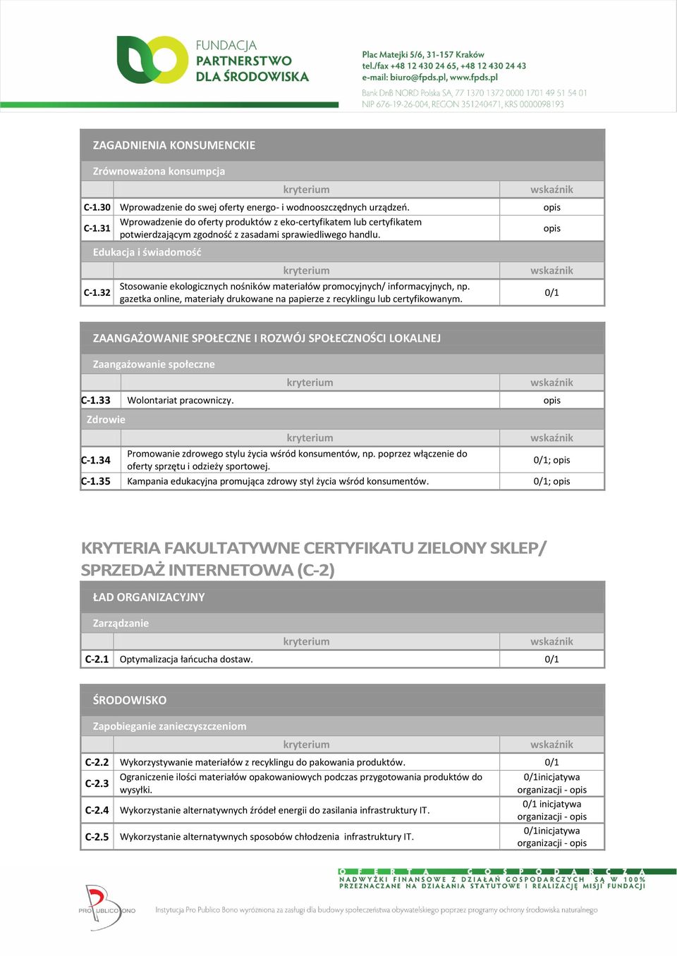 gazetka online, materiały drukowane na papierze z recyklingu lub certyfikowanym. ZAANGAŻOWANIE SPOŁECZNE I ROZWÓJ SPOŁECZNOŚCI LOKALNEJ Zaangażowanie społeczne C-1.33 Wolontariat pracowniczy.