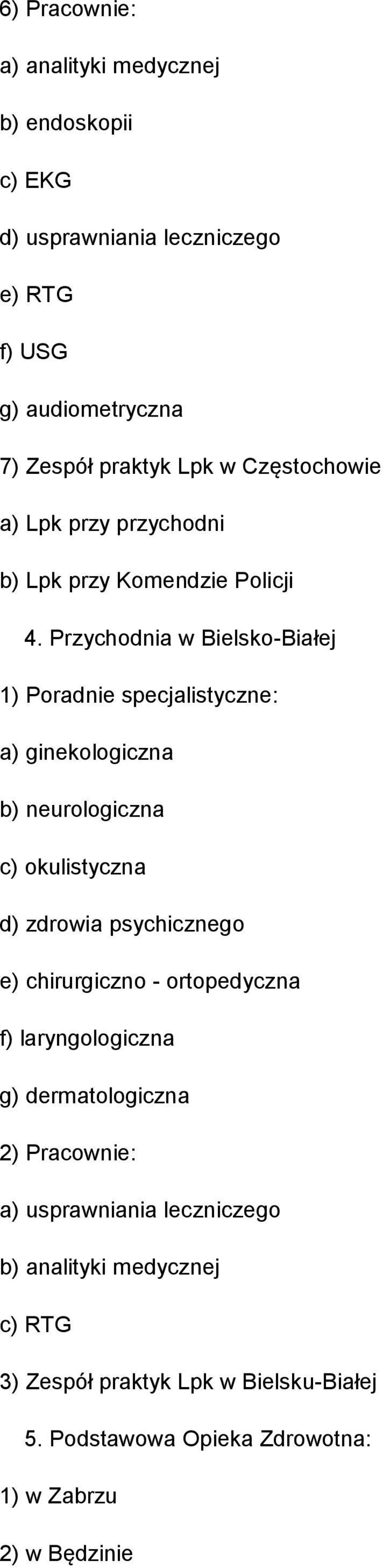 Przychodnia w Bielsko-Białej 1) Poradnie specjalistyczne: a) ginekologiczna b) neurologiczna c) okulistyczna d) zdrowia psychicznego e)