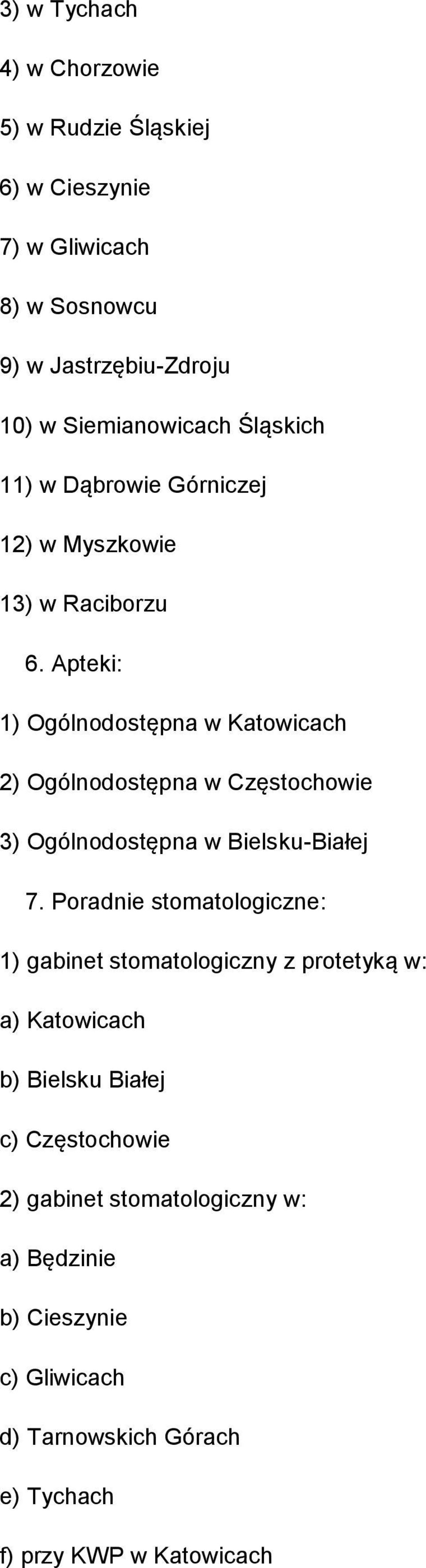 Apteki: 1) Ogólnodostępna w Katowicach 2) Ogólnodostępna w Częstochowie 3) Ogólnodostępna w Bielsku-Białej 7.