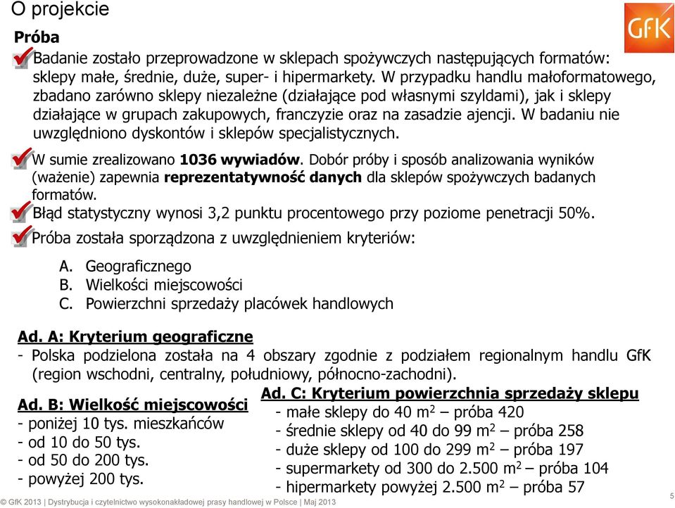 W badaniu nie uwzględniono dyskontów i sklepów specjalistycznych. W sumie zrealizowano 1036 wywiadów.