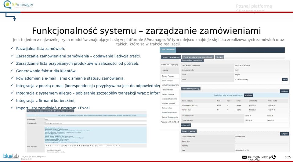 Rozwijalna lista zamówień, Zarządzanie zamówieniami zamówienia dodawanie i edycja treści, Zarządzanie listą przypisanych produktów w zależności od potrzeb, Generowanie faktur dla