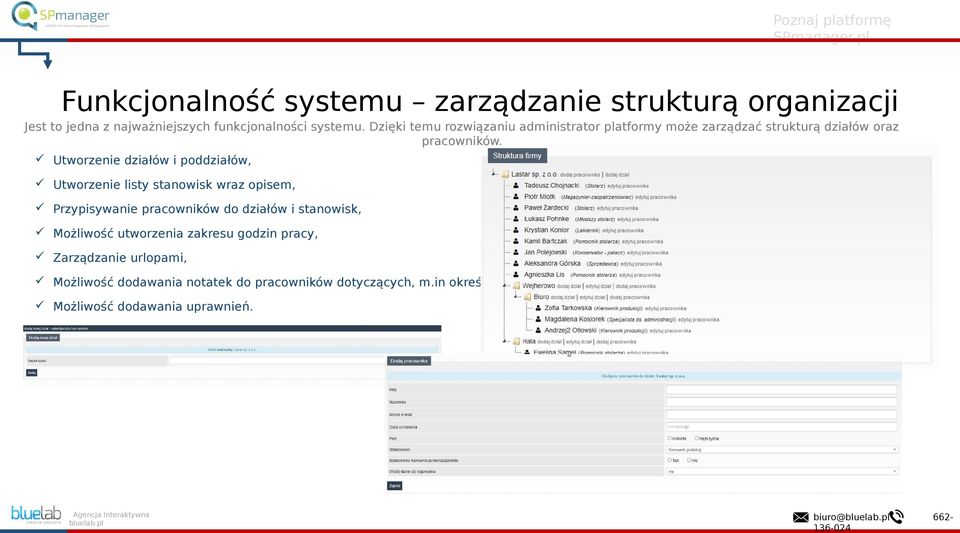 Utworzenie działów i poddziałów, Utworzenie listy stanowisk wraz opisem, Przypisywanie pracowników do działów i stanowisk,