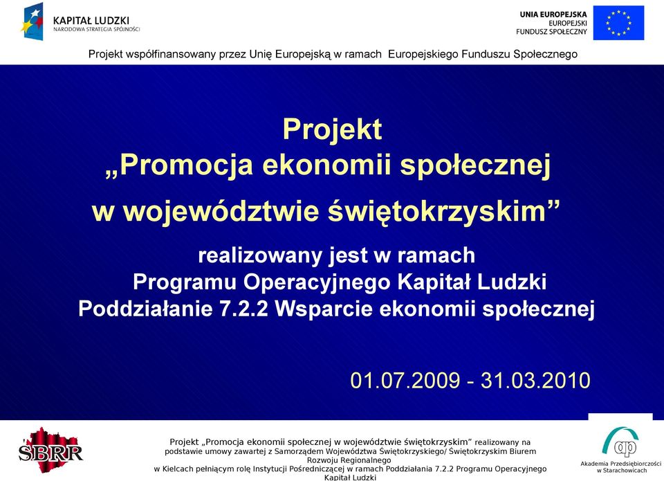 2010 Projekt Promocja ekonomii społecznej w województwie świętokrzyskim realizowany na podstawie umowy zawartej z Samorządem Województwa