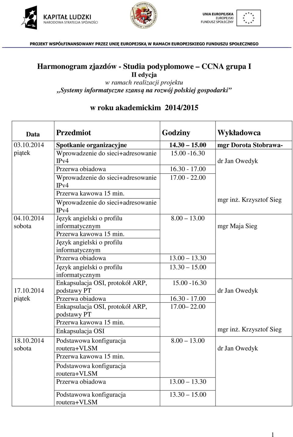 00 Wprowadzenie do sieci+adresowanie 17.00-22.00 IPv4 Wprowadzenie do sieci+adresowanie IPv4 mgr inż. Krzysztof Sieg mgr Maja Sieg Enkapsulacja OSI, protokół ARP, 15.00-16.