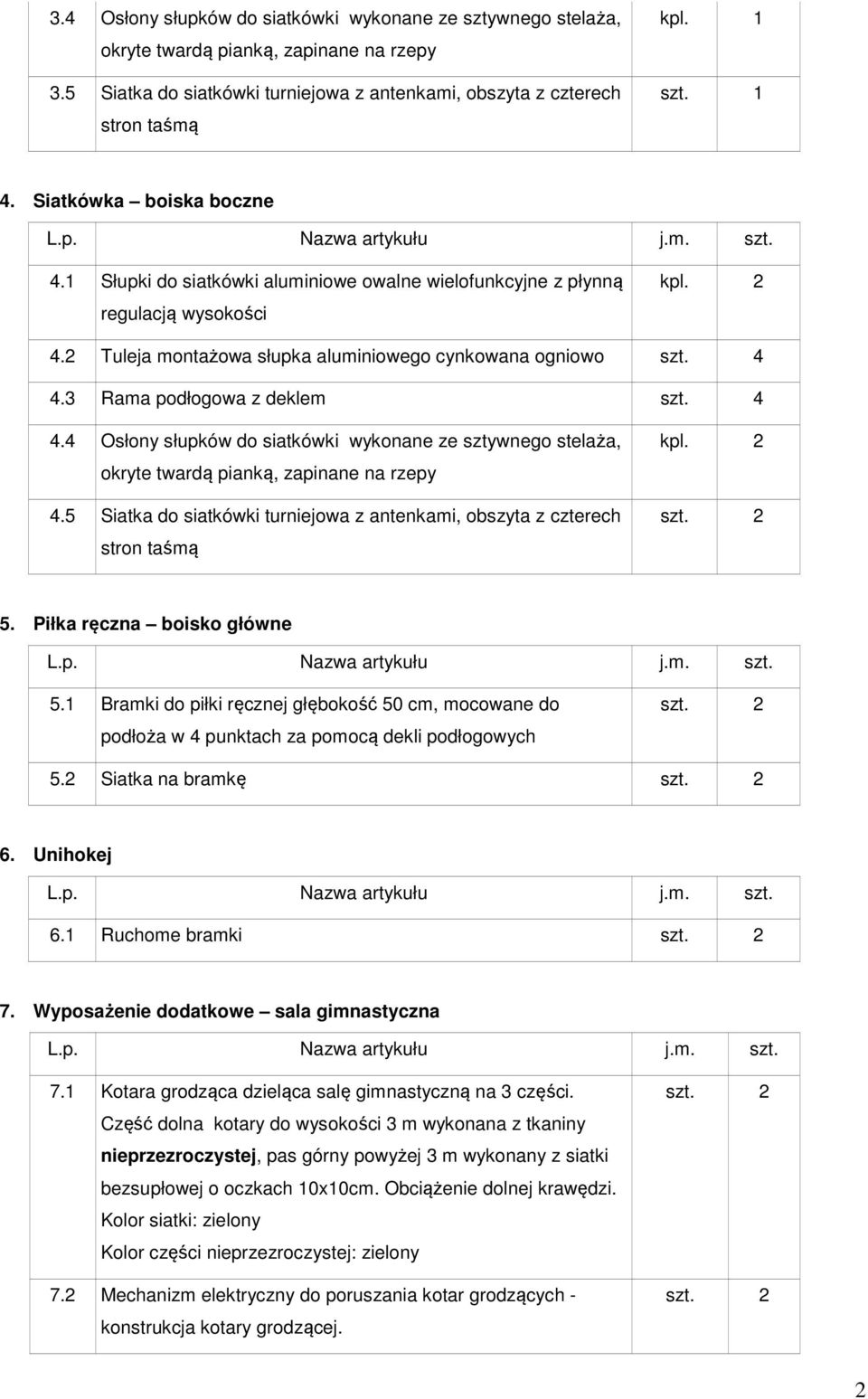 Rama podłogowa z deklem 4 4.4 Osłony słupków do siatkówki wykonane ze sztywnego stelaża, okryte twardą pianką, zapinane na rzepy 4.