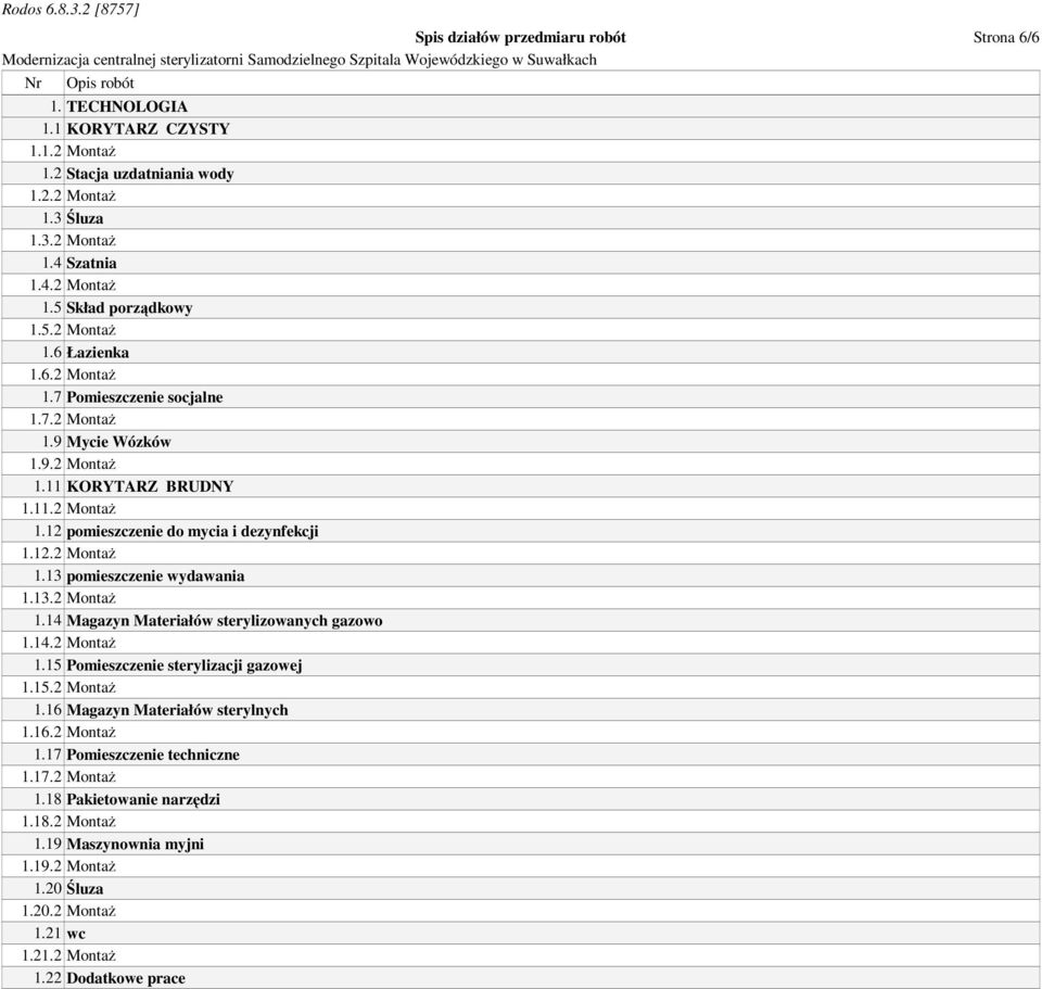 13.2 MontaŜ 1.14 Magazyn Materiałów sterylizowanych gazowo 1.14.2 MontaŜ 1.15 Pomieszczenie sterylizacji gazowej 1.15.2 MontaŜ 1.16 Magazyn Materiałów sterylnych 1.16.2 MontaŜ 1.17 Pomieszczenie techniczne 1.