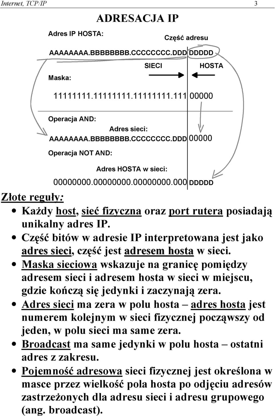 Część bitów w adresie IP interpretowana jest jako adres sieci, część jest adresem hosta w sieci.