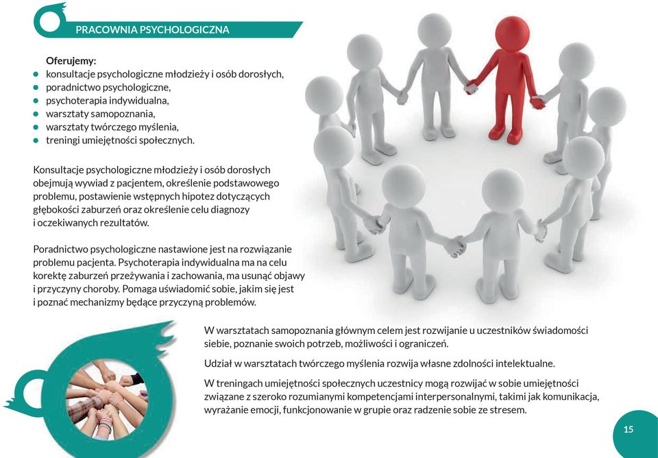 Konsultacje psychologiczne młodzieży i osób dorosłych obejmują wywiad z pacjentem, określenie podstawowego problemu, postawienie wstępnych hipotez dotyczących głębokości zaburzeń oraz określenie celu
