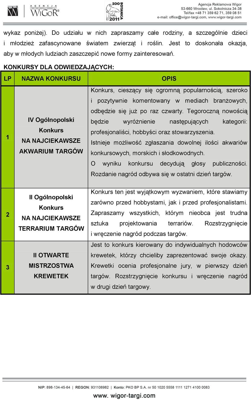 KONKURSY DLA ODWIEDZAJĄCYCH: LP NAZWA KONKURSU OPIS 1 IV Ogólnopolski Konkurs NA NAJCIEKAWSZE AKWARIUM TARGÓW Konkurs, cieszący się ogromną popularnością, szeroko i pozytywnie komentowany w mediach