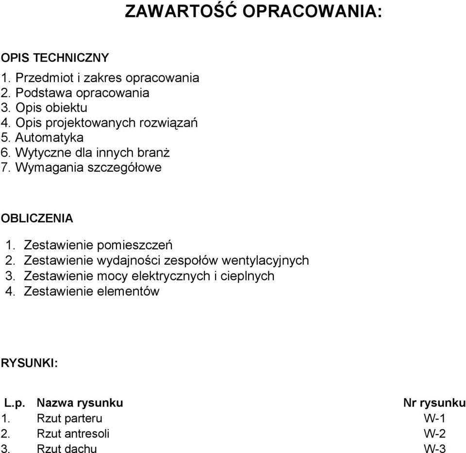 Zestawienie pomieszczeń 2. Zestawienie wydajności zespołów wentylacyjnych 3.