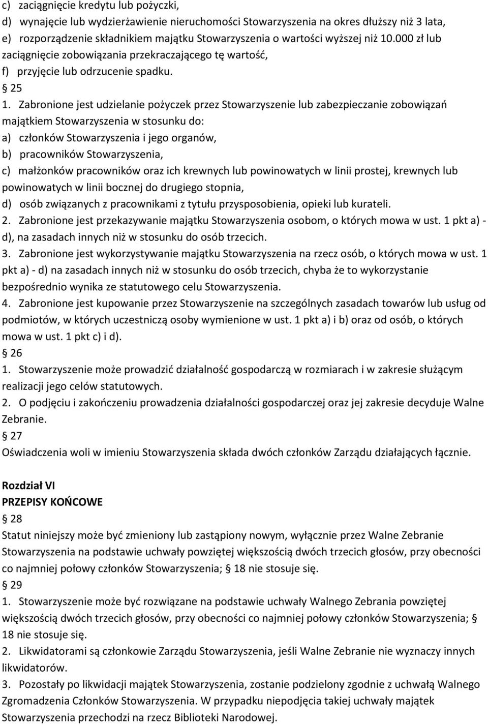 Zabronione jest udzielanie pożyczek przez Stowarzyszenie lub zabezpieczanie zobowiązań majątkiem Stowarzyszenia w stosunku do: a) członków Stowarzyszenia i jego organów, b) pracowników