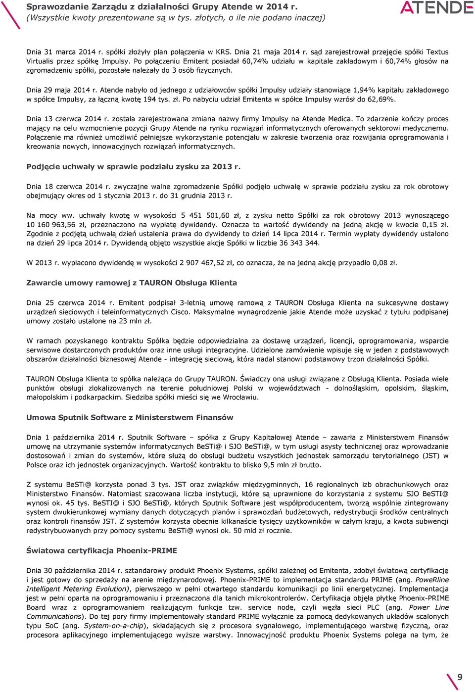 Atende nabyło od jednego z udziałowców spółki Impulsy udziały stanowiące 1,94% kapitału zakładowego w spółce Impulsy, za łączną kwotę 194 tys. zł.