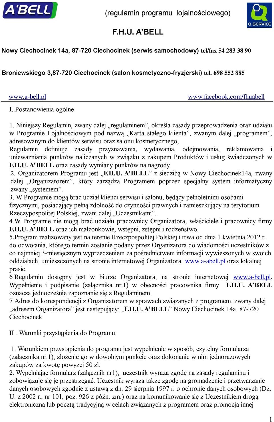 .Postanowienia ogólne www.facebook.com/fhuabell 1.